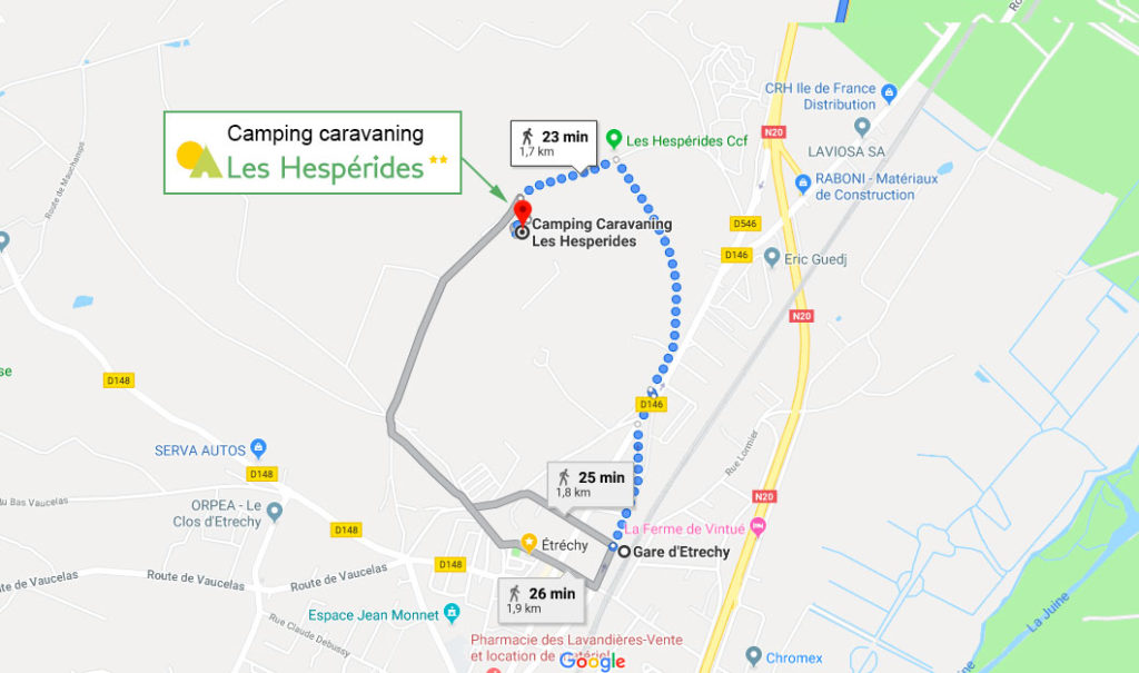 Plan d'accès par la gare d'Etrechy au Camping Caravaning Les Hespérides